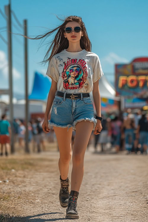 A woman wearing a loose graphic tee tucked into denim shorts with a black belt, paired with ankle boots and sunglasses, walking near festival signage