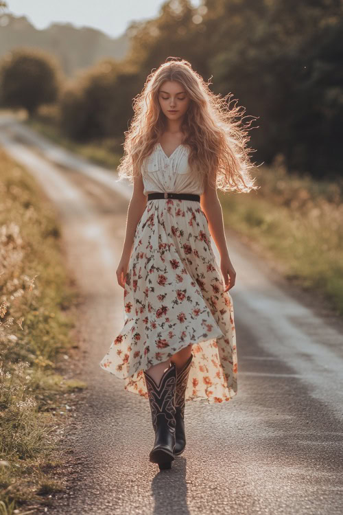 A lovely young woman wearing a flowy floral skirt paired beautifully with stylish black cowboy boots. She walks gracefully along a countryside road at golden hour,