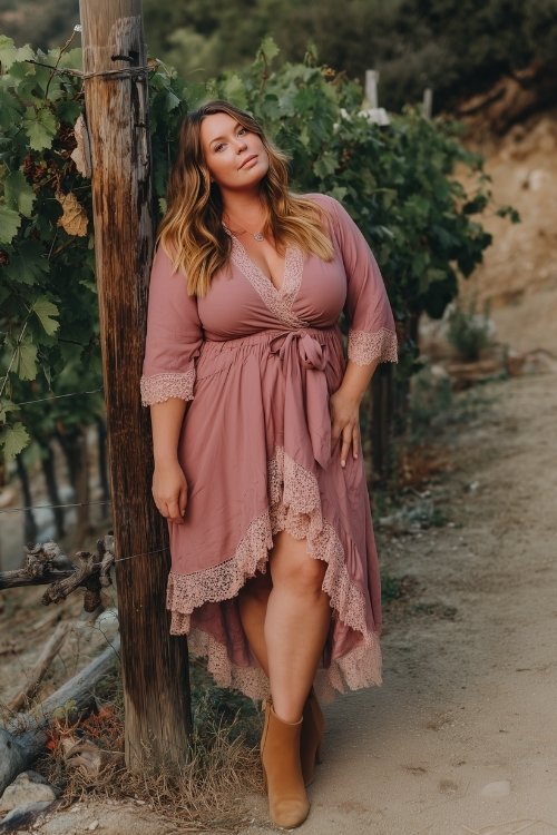 A plus-size woman wears a dusty rose high-low dress with lace trim and soft tan booties