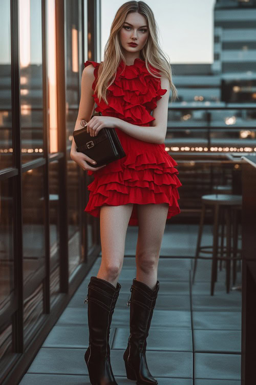 A Valentine s date night look with a red ruffle dress, black leather cowboy boots, and a matching clutch