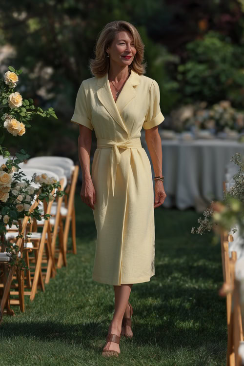 A woman over 60 in a pale yellow linen blend midi dress with short sleeves and classic sandals, walking through a garden with white folding chairs and floral decor