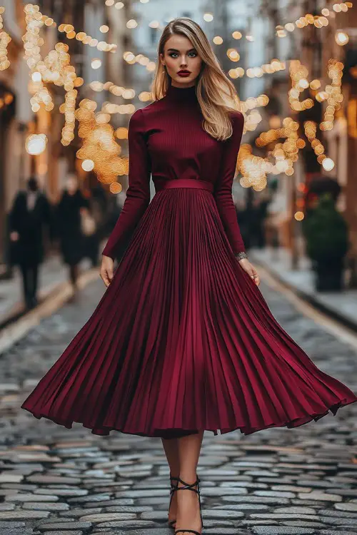 A high-neck burgundy dress with long sleeves and a pleated midi skirt, styled with a cinched belt, strappy heels, and a matching scarf