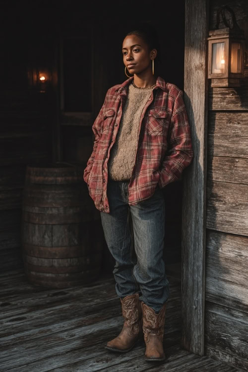 A woman wears a belted plaid shacket layered over a cozy sweater and jeans, paired with cowboy boots and hoop earrings, standing near a wooden stage lit with lanterns