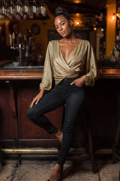 A Black woman wearing black skinny jeans, a shimmering gold wrap top, and stiletto heels, posing against a bar counter with moody fall lighting