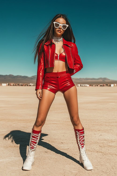 A confident festival-goer in a red leather crop jacket over a matching mini skirt, accessorized with white sunglasses and lace-up boots