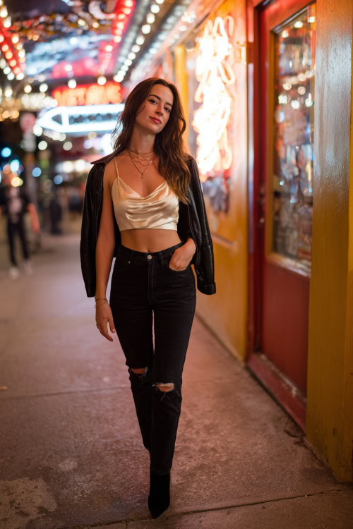 A woman wearing black ripped jeans, a silky champagne camisole, and a cropped moto jacket, walking past neon bar signs on a fall night