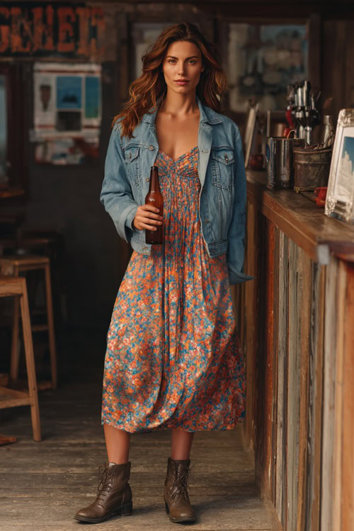 A woman in a floral midi dress layered with a denim jacket and ankle boots, holding a beer bottle inside a casual fall bar, full body outfit visible