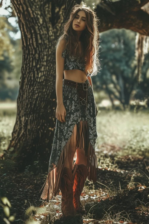 A woman wears cowboy boots with fringe skirt and a crop top