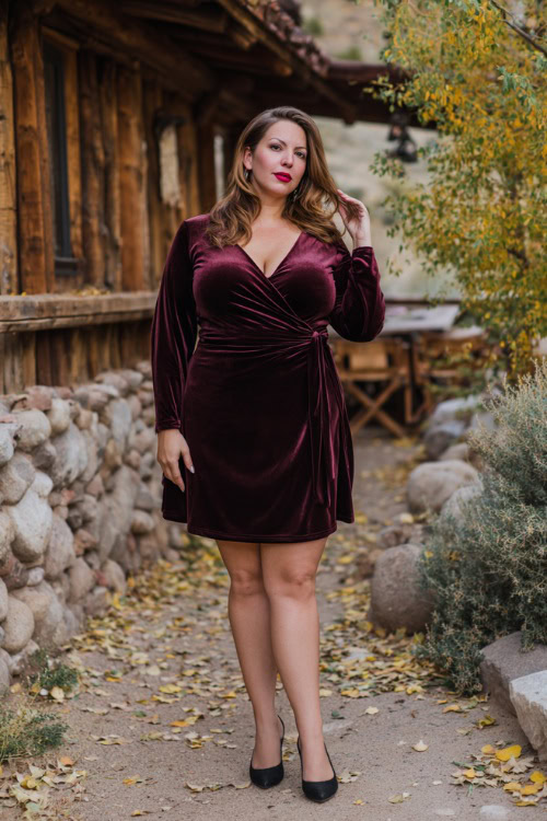 A plus-size woman wears a knee-length velvet wrap dress in deep burgundy with sheer long sleeves, paired with classic black heels