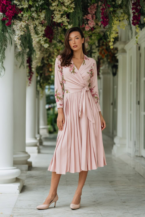 woman wearing a pastel pink wrap midi dress with a pleated skirt and low block heels, posing near a white-columned venue with hanging florals