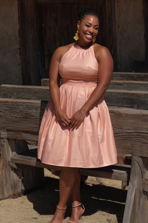 A plus-size woman wearing a light peach sleeveless A-line dress with gold earrings and sandals, posing beside rustic wooden benches at a laid-back outdoor ceremony