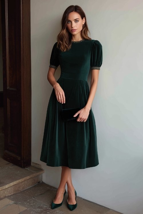 a woman wears a formal green velvet wedding guest dress with matching heels