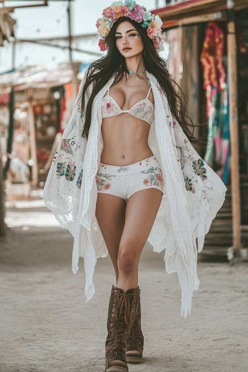 A whimsical woman in a white embroidered duster over a bralette and shorts, paired with brown boots and a pastel flower crown, walking near a Coachella entrance