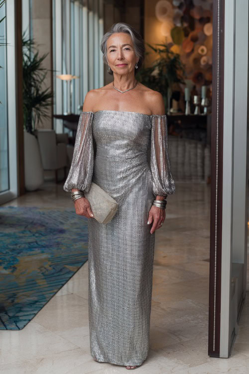 A woman over 50 wearing a silver metallic column dress with sheer sleeves and clutch bag, standing in a high-end indoor wedding reception space