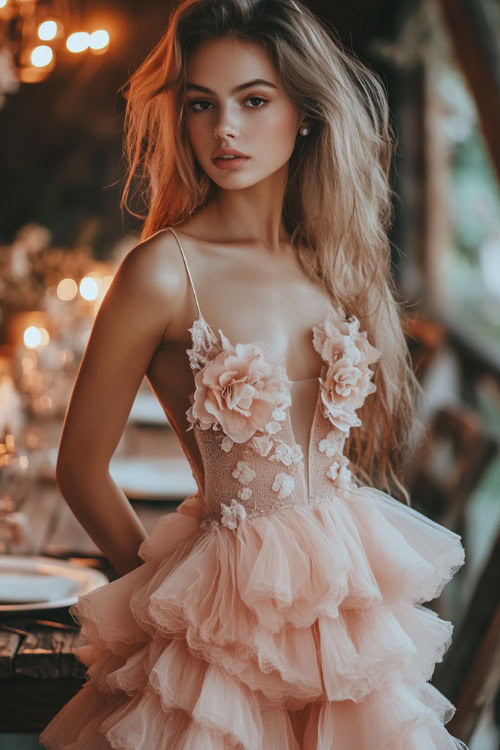 A stylish woman in a pastel peach sleeveless bubble dress with a scalloped hemline, a tiered skirt, and floral appliqueÌs