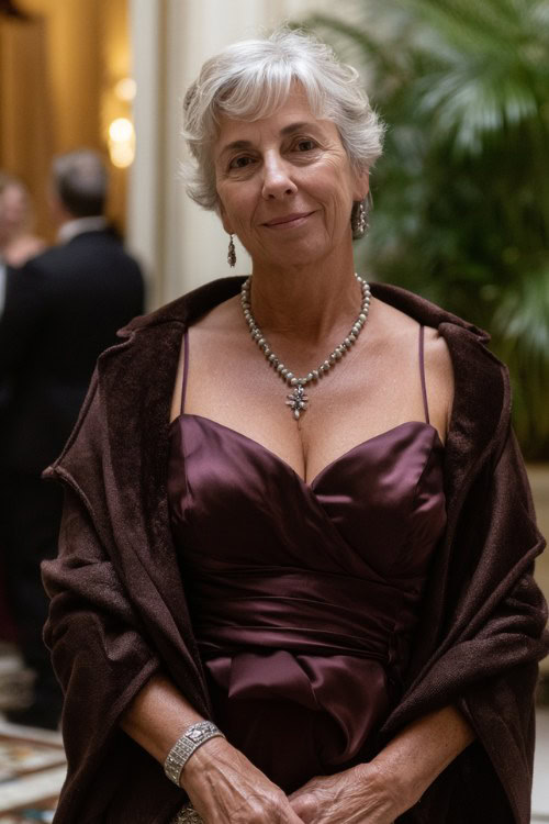 A woman over 50 wears a dark wine satin A-line gown with a matching long tailored coat, accessorized with pearl jewelry