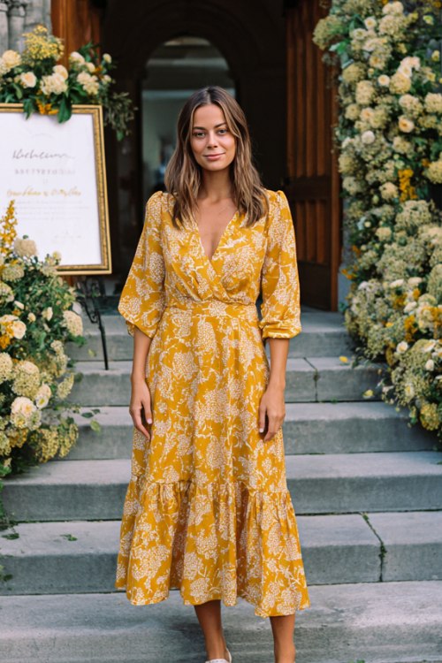 A woman wears a marigold block-print tiered midi with flutter sleeves and covered buttons