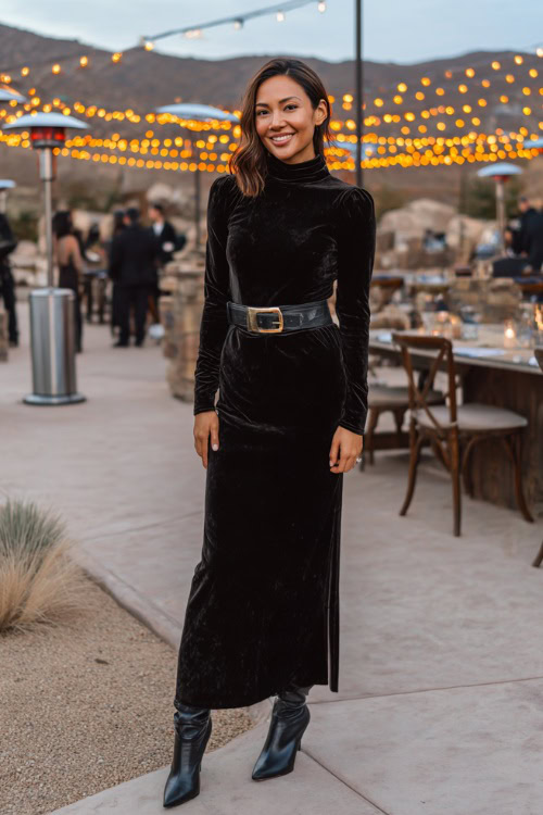 A woman wears a black velvet long-sleeve gown with a high neckline, accessorized with a metallic belt and heeled boots