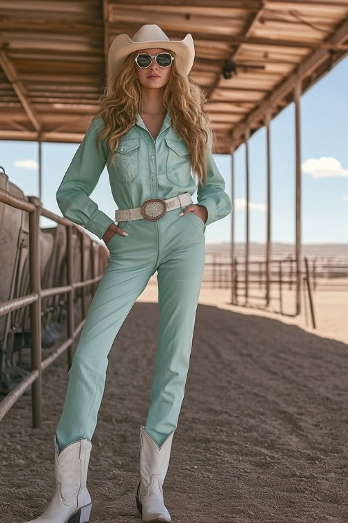 A stylish rodeo guest in a seafoam green belted jumpsuit, white cowgirl boots, and a statement leather belt