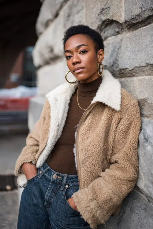 Black woman wearing a shearling jacket, high-waisted jeans, turtleneck, and hoop earrings, leaning against a stone wall in a downtown winter scene