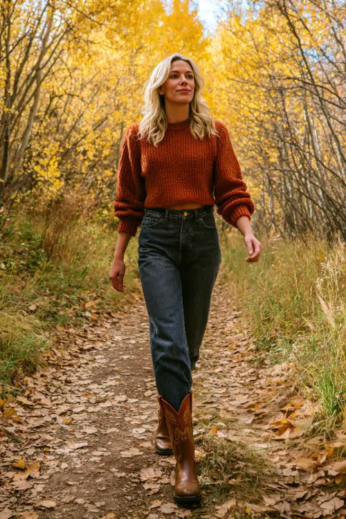 A woman wears high-waisted dark blue jeans, a cropped rust-colored knit sweater, and classic brown cowboy boots