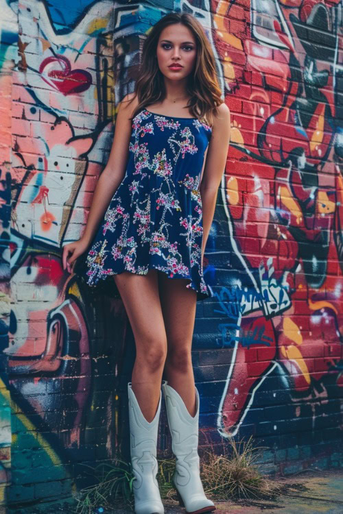 A woman wears cowboy boots with a navy blue floral dress (2)