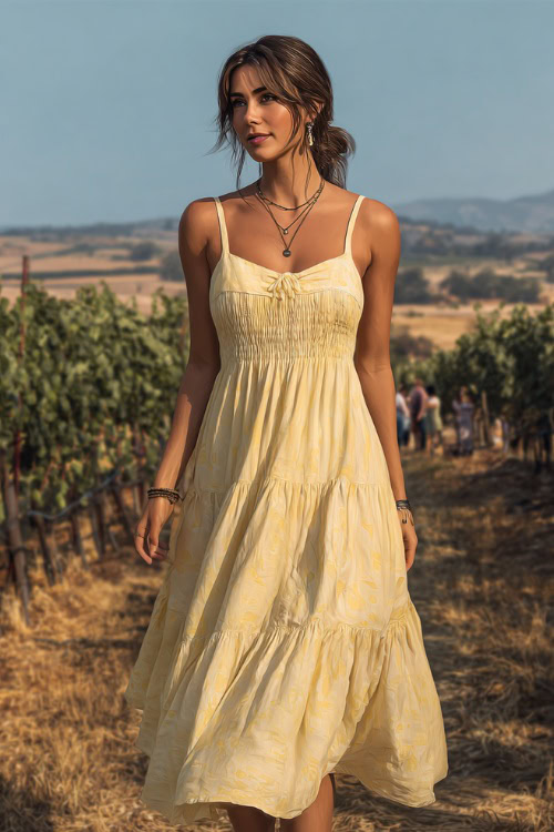 A woman wearing a pastel yellow flowy sundress with a tiered skirt and minimal jewelry, walking beside a vineyard with summer wedding guests in the background