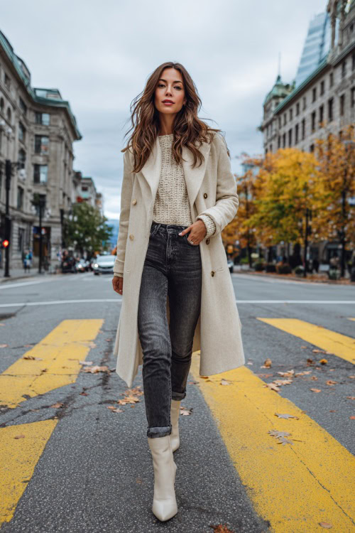 Chic woman wearing a wool trench coat, cashmere sweater, dark jeans, and heeled booties, walking across a city crosswalk with falling leaves