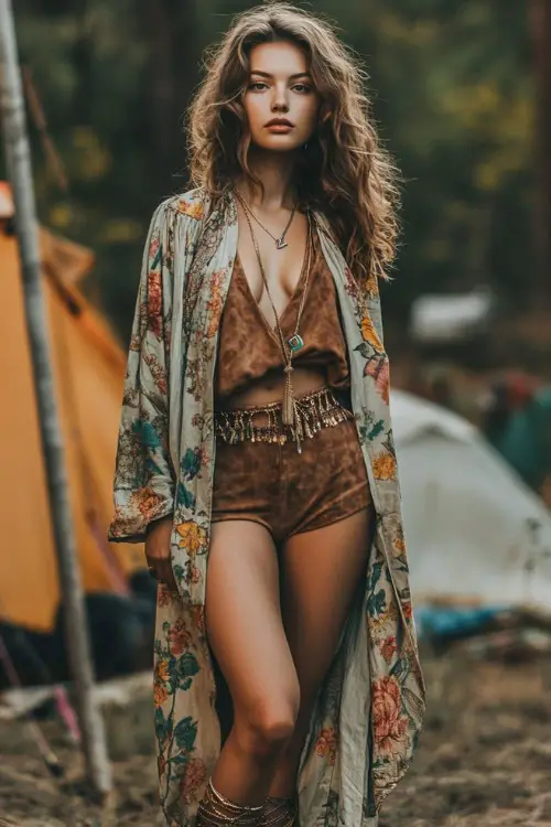 A boho-chic woman in a suede high-waisted shorts and a matching bralette with a long floral kimono, paired with ankle boots, standing near a festival camping area