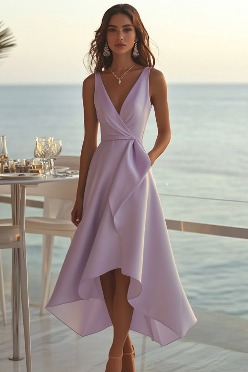 A confident woman in a soft lavender sleeveless A-line dress with an asymmetrical hem, wearing dainty jewelry and beige espadrille sandals