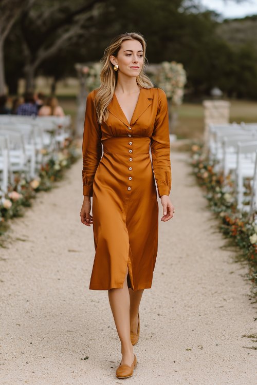 A woman wears a caramel-toned midi dress with button details and long sleeves, with simple loafers