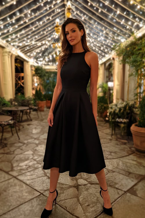 A woman in a black sleeveless fit-and-flare midi dress with a structured bodice and patent heels, posing under a string-lit canopy at an upscale wedding reception