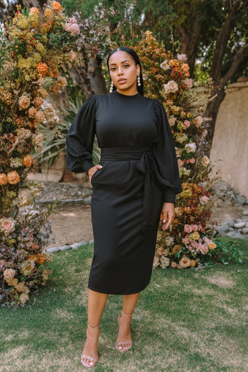 A curvy woman wears a black crepe midi dress with long sleeves and a belted waist, styled with pearl earrings and ankle-strap heels