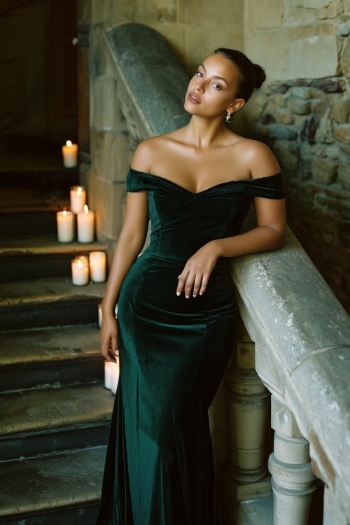 A curvy woman wears a forest green velvet off-the-shoulder gown with a fitted waist and train