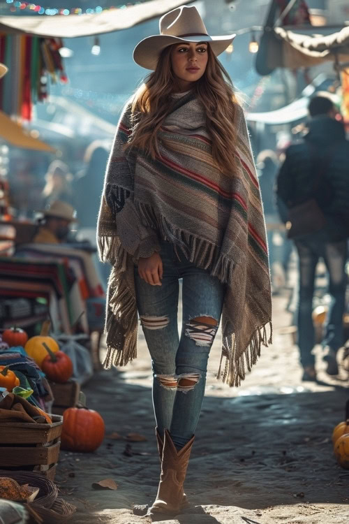 a woman wears ripped jeans and brown ankle cowboy boots