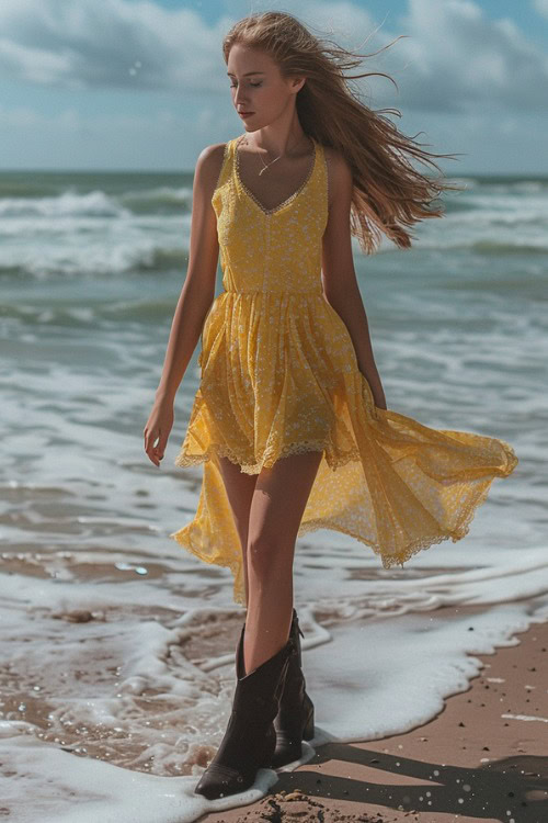 A woman wears brown cowboy boots with an eyelet yellow dress