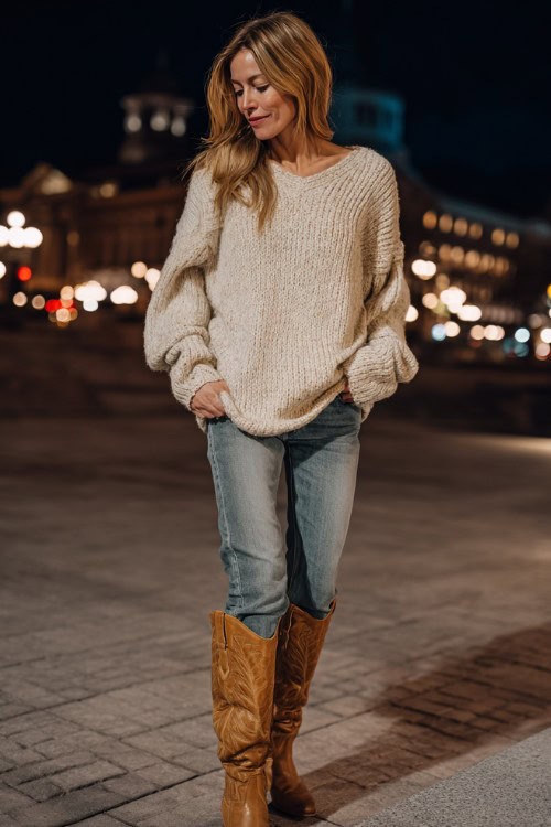 A woman over 40 wears tan cowboy boots with straight jeans and a cream oversized sweater tucked at the front