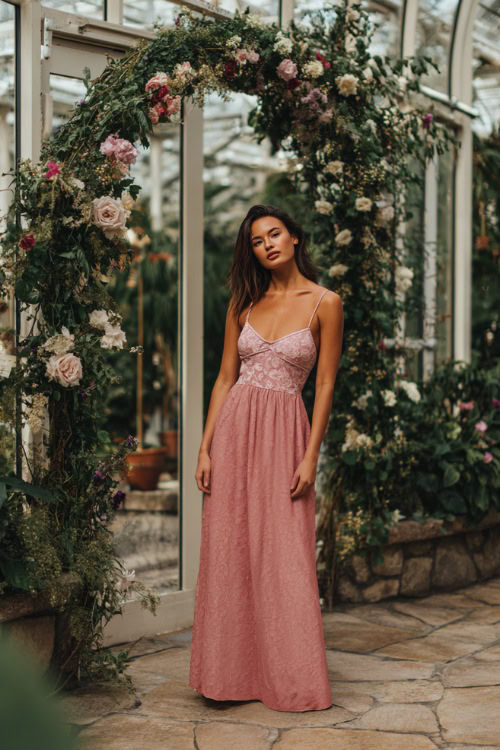 A woman over 50 wearing a dusty rose floor-length gown with a square neckline and lace overlay, standing beside an elegant floral arch inside a glasshouse venue