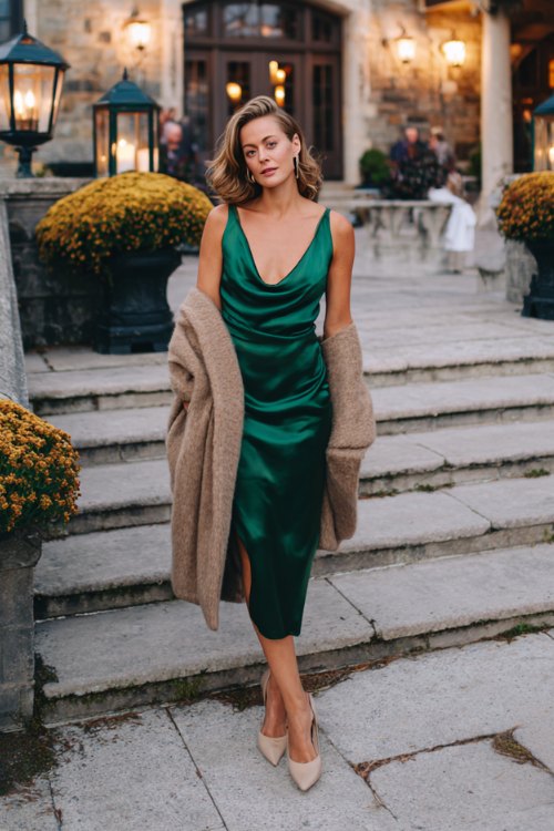 a woman in a deep emerald green satin midi dress with a draped cowl neckline and side slit, paired with pointed heels and a camel wool wrap