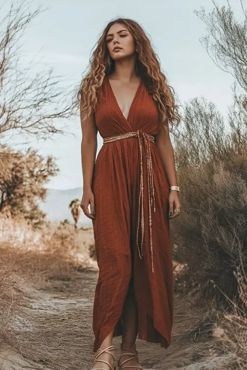 A boho-chic plus-size outfit with a rust-colored wrap jumpsuit, styled with a beaded belt, gold bangles, and platform sandals