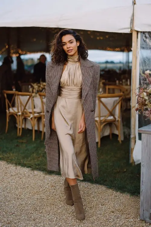 A woman wears a high-neck champagne midi dress with pleated shoulders, layered with a classic houndstooth coat and suede boots