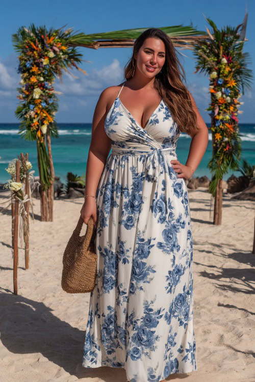 A plus-size woman in a white and blue floral sleeveless maxi dress with flat sandals and a straw bag, standing near a beach ceremony with tropical flowers
