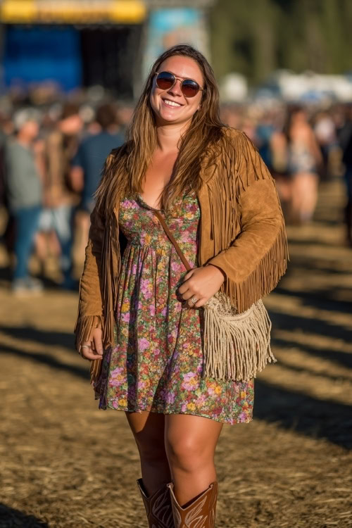 A plus-size woman wears a floral midi wrap dress with a suede fringe jacket and embroidered cowboy boots, holding a crossbody fringe bag at an outdoor fall concert