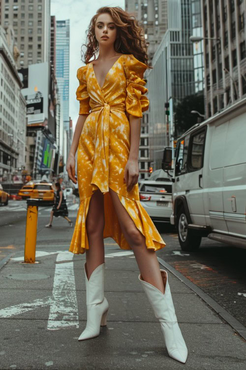 A woman wears white cowboy boots and a yellow wrap dress