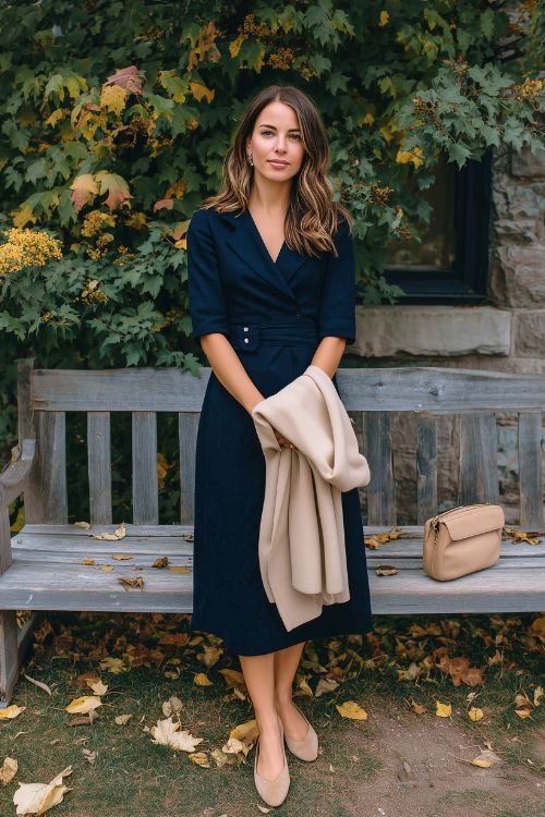 A woman in a deep navy midi dress with sleeves, styled with beige suede flats and a soft beige wool wrap