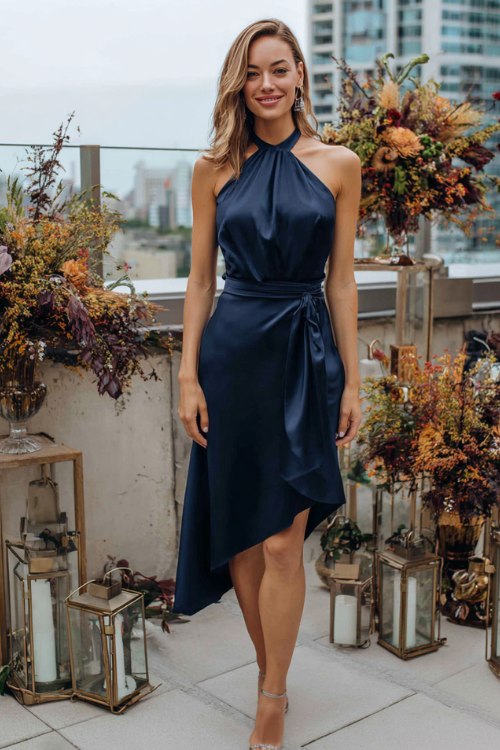 A petite woman wears a midnight navy halter-neck dress with an asymmetric hem and satin draping