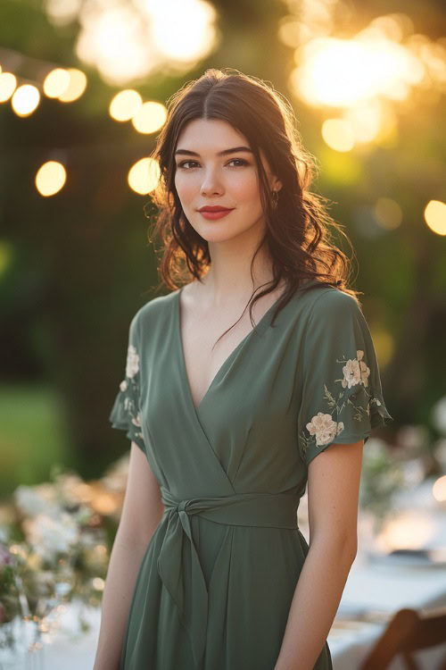 A chic woman in a sage green midi wrap dress with flutter sleeves, floral lace appliqueÌs, and a cinched waist