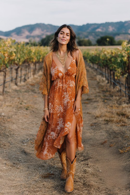 a woman wears a flowing midi dress in burnt orange, featuring sheer chiffon overlay and delicate floral embroidery, paired with tan distressed cowboy boots, a wrap draped over the shoulders