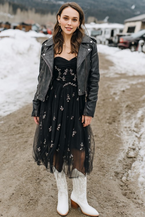 A woman wears a black tulle midi dress with delicate floral embroidery, styled with white cowboy boots and a structured leather jacket