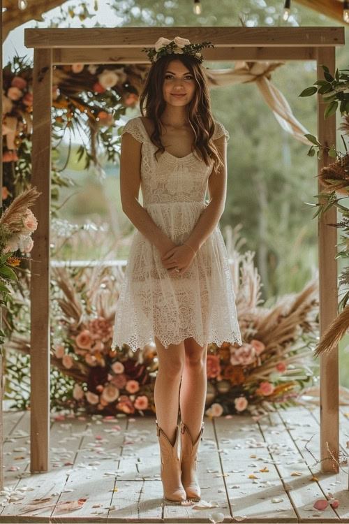 A woman wears a whiã lace mini bridesmaid dress with short brown cowboy boots